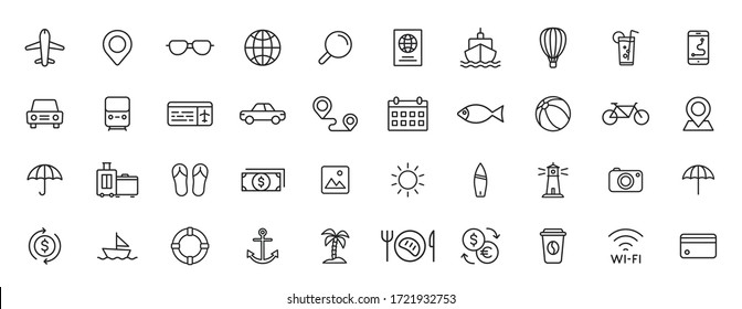 Set of 40 Travel and Holiday web icons in line style. Transport, Luggage, food, navigation, holiday. Vector illustration.