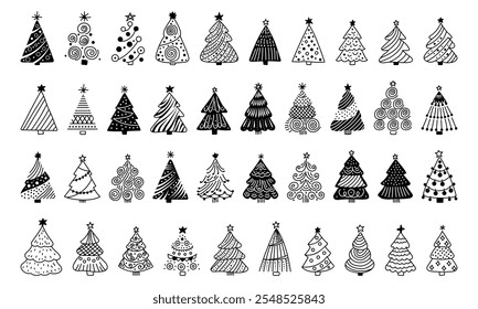 A set of 40 unique Christmas tree icons in a modern line art style, perfect for holiday-themed designs, greeting cards, and decorations.