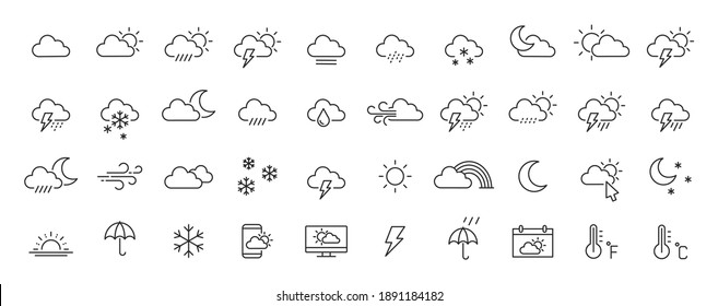 Set of 40 weather web icons in line style. Weather , clouds, sunny day, moon, snowflakes, wind, sun day. Vector illustration