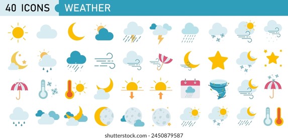 Set of 40 weather web icons in line style. Weather , clouds, sunny day, moon, snowflakes, wind, sun day. Vector illustration..