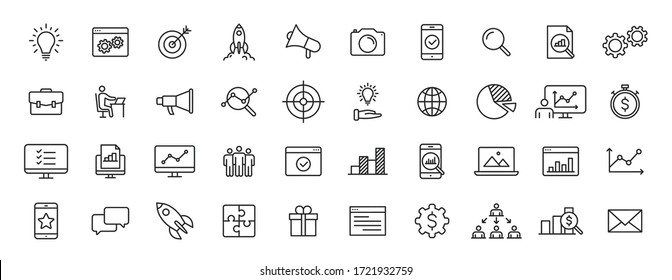 Set of 40 Web development web icons in line style. Marketing, analytics, e-commerce, digital, management, seo. Vector illustration.