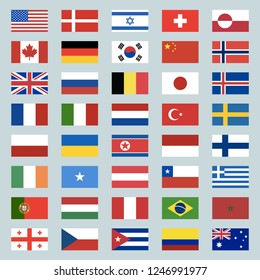 Set of 40 world flags icons. USA, Portugal, Israel, Switzerland, Canada, Germany, South Korea, China, Great Britain, Russia, Brazil, Japan, France, Italy, Netherlands, Turkey. Vector illustration