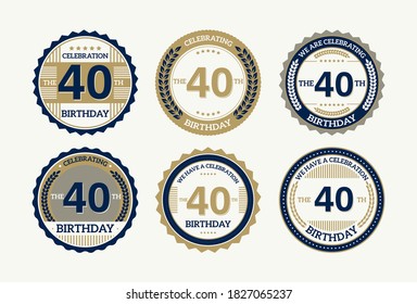 establecer sellos redondos de cumpleaños a 40 años con diferentes iconos, ilustración vectorial