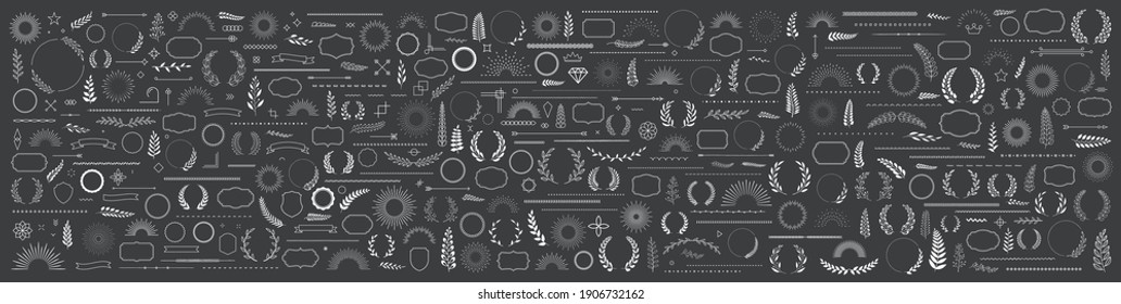 Set of 400 design elements. Wreath, frames, calligraphic, swirls divider, laurel leaves, ornate, award, arrows. Decorative vintage line elements collection Vector illustration