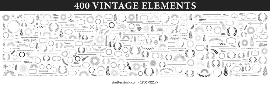 Set of 400 design elements. Wreath, frames, calligraphic, swirls divider, laurel leaves, ornate, award, arrows. Decorative vintage line elements collection Vector illustration
