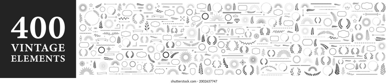 Set of 400 design elements. Wreath, frames, calligraphic, swirls divider, laurel leaves, ornate, award, arrows. Decorative vintage line elements collection. Vector illustration.