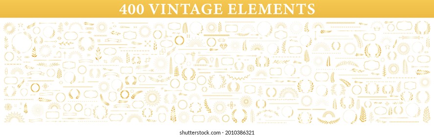 Conjunto de 400 elementos de diseño. Correa, marcos, caligrafía, divisor de remolinos, hojas de laurel, ornamentado, premio, flechas. Colección decorativa de elementos de línea vintage. Ilustración vectorial.