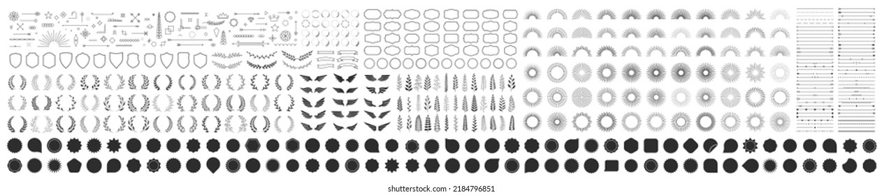 Set of 400 design elements. Wreath, frames, calligraphic, swirls divider, laurel leaves, ornate, award, arrows. Decorative vintage line elements collection. Vector illustration.