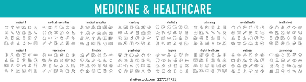 Set of 400 Medical and Healthcare web icons in line style. Medicine, check up, doctor, dentistry, pharmacy, lab, scientific discovery, collection. Vector illustration. - Shutterstock ID 2277274951