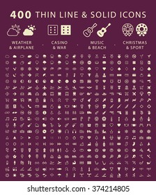 Set of 400 Minimal and Solid Icons ( Weather , Airport , Casino , War , Beach , Music , Christmas and Sport ) . Vector Isolated Elements.