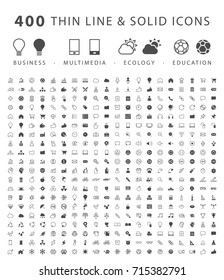 Set of 400 Minimal and Solid Icons ( Business , Multimedia , Ecology and Education ) . Vector Isolated Elements