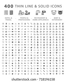 Set of 400 Minimal and Solid Icons ( Hotel Travel People Professions Restaurant Home Appliances Baby and Veterinary ) . Vector Isolated Elements