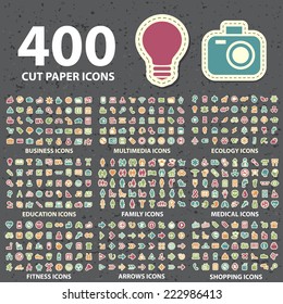 Set of 400 New Modern Universal Standard Icons Paper Cut Style on Black Background.