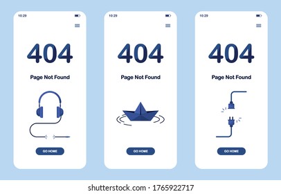 Set 404 error page not found banner. Mobile version. Headphones with a torn, cut wire. Origami paper boat, ship. Disconnected sparkling cable with socket. For website. Web Template. Blue. Eps 10