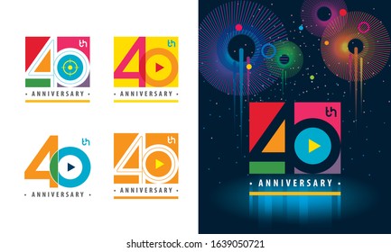 Set of 40th Anniversary logotype design, Forty years Celebrating Anniversary Sign, Colorful Logo for celebration event, invitation, greeting, web template, Flyer and booklet, Play symbol, Colors logo