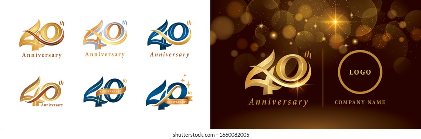 Set of 40th Anniversary logotype design, Forty years Celebrate Anniversary Logo silver and golden, Vintage and Retro Script Number Letters, Elegant Classic Logo for Congratulation celebration event