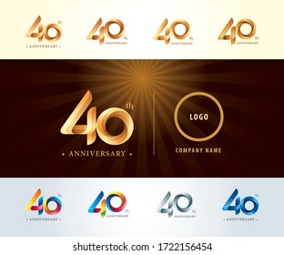 Set of 40th Anniversary logotype design, Forty years celebration Anniversary Logo silver and golden, Origami stylized Number Letters, Twist Ribbons Logo for event, invitation, greeting, Party, Fashion