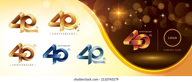 Set of 40th Anniversary logotype design, Forty years anniversary celebration Logo. Twist Infinity multiple line golden for celebration event, invitation, greeting, 40 year Infinity loop logo,