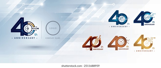 Conjunto de 40th Anniversary logotipo design, Quarenta anos comemorar aniversário logotipo para celebração, linhas conectadas abstratas e pontos placa de circuito, conexão de rede global, Tecnologia digital, Logo 40