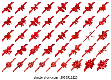 Set of 41 beautiful realistic big red bows of various shapes with ribbons arranged diagonally. With shadows, on white background. Vector illustration