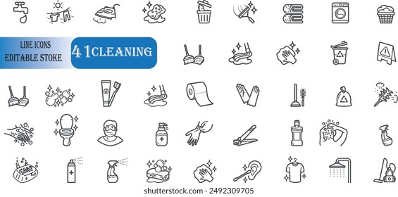 Set of 41 outline icons related to cleaning