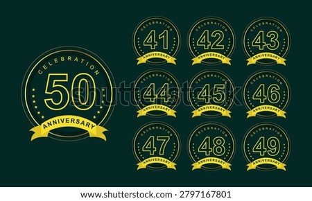Set of 41st-50th years anniversary celebration emblem with gold ring and golden ribbon