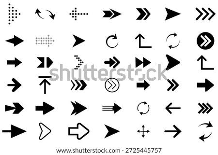 A set of 42 black Arrows icons. Arrow icon. Includes straight, curved, circular, and dashed arrows, chevrons, and pointers-perfect for UI UX design. High-quality vector set of directional arrow icons in various styles and orientations.