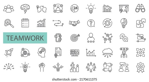 Set of 42 business teamwork icons, team building, work group and human resources. Outline icons collection. Line style - vector illustration