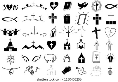 Set of 42 christian icons . Ministry . Biblical background. Poster. Sunday school. Scripture print Symbol