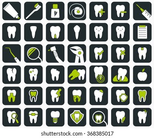 Set of 42 dental icons. Stomatology signs.  Hygiene,treatment, issues, tools, protection, problems, tooth icons. Vector illustration