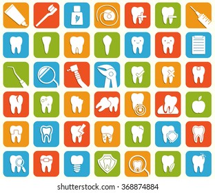 Set of 42 dental icons. Stomatology signs. Hygiene,treatment, issues, tools, protection, problems, tooth icons. Vector illustration