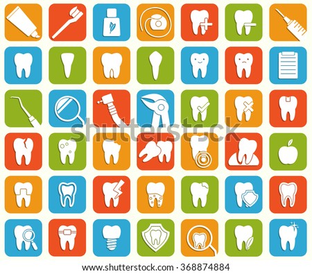 Set of 42 dental icons. Stomatology signs. Hygiene,treatment, issues, tools, protection, problems, tooth icons. Vector illustration