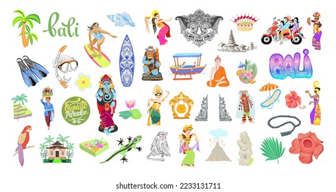 conjunto de 42 elementos de los viajes de Bali, Indonesia, símbolos balineses tradicionales colección de ilustraciones vectoriales planas