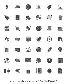 Conjunto de 42 iconos vectoriales de píxeles rellenos optimizados con temas de Precio, diseñados en resolución de 64x64 para una integración perfecta en App y Sitios web.