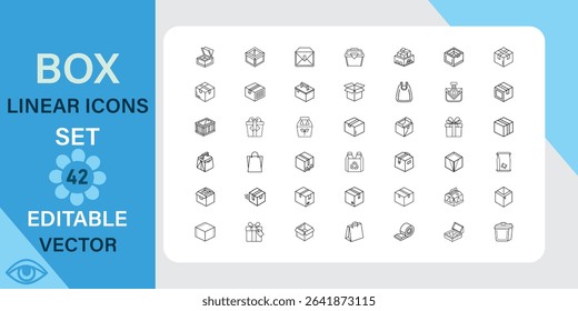 A set of 42 isometric linear icons depicting various types of boxes, packages, and cartons. Editable vector format, ideal for delivery, shipping, and logistics designs.