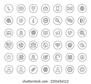 Conjunto de iconos de contacto de 42 líneas en forma de círculo. Símbolos vectoriales negros.