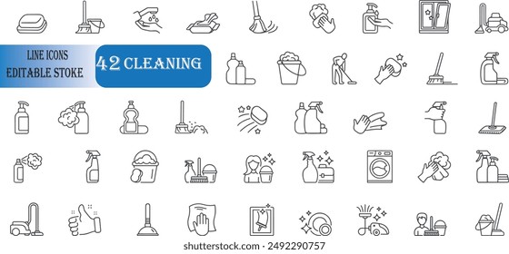 Set of 42 outline icons related to cleaning