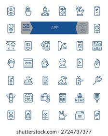 Conjunto de 42 íconos de línea regular temáticos alrededor de App, diseñados para una integración perfecta en App y Sitios web.