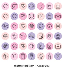 Set of 42 simple icons with heart for Valentine's day, web design, sites, applications, games, stickers...
