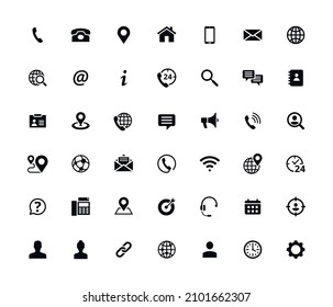 Set of 42 solid contact icons. Black vector symbols.