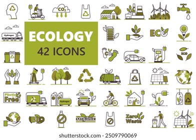 Set of 42 thin line icons related to ecological, recycling, organic, renewable energy, eco-friendly, forest, wind power, green symbol. Ecology icon set. Flat vector illustration. Not AI generated