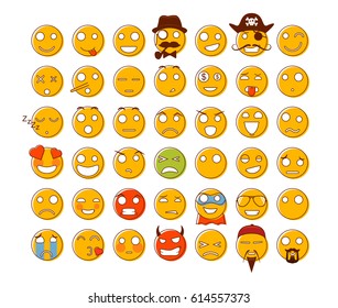 Set of 42 unique emoticons. Vector smiley illustration. Emoji icon design isolated on white background
