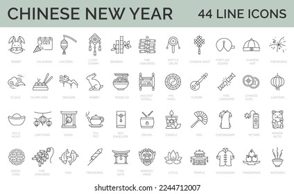 Set of 44 Chinese New Year line  icons. outline editable stroke icons collection. traditional chinese holiday topic. Vector illustration