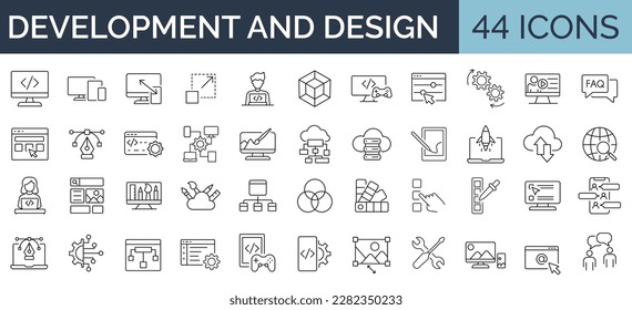 Set of 44 line icons related to web design, development. Editable stroke. Vector illustration