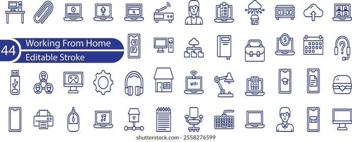 Set of 44 line icons related to remote working, freelance, hybrid work, digital nomad, office, work at home.