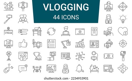 Conjunto de iconos de 44 líneas. Vlogging, Blog, Blogger, Influencer y equipos de video. Trazo editable