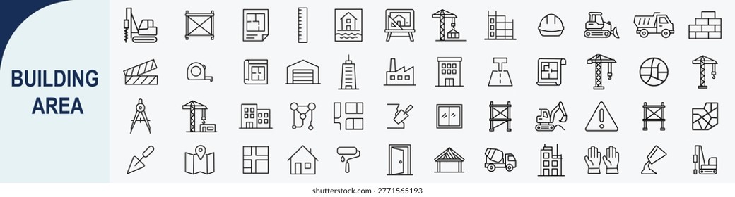 Set of 44 Outline Building Area Icons Illustrations for Construction Site and Real Estate Project Management App