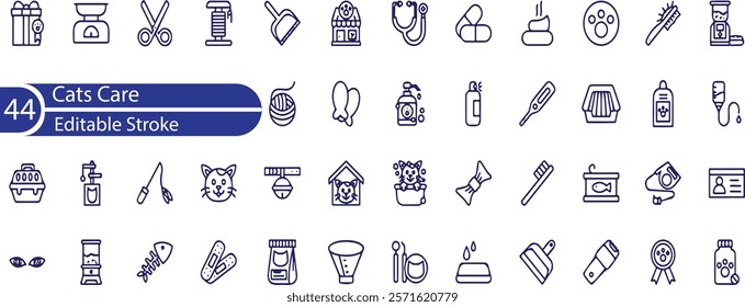 Set of 44 outline icons related to cat care. Linear icon collection. Editable stroke. Vector illustration