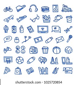 Set of 44 teenager's stuff hand drawn blue icons drawn with a felt-tip pen