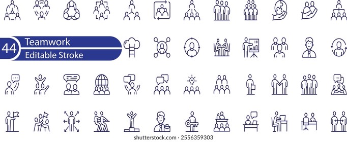 Set of 44 thin line icons related team, teamwork, co-workers, cooperation. Linear business simple symbol collection. vector illustration. Editable stroke